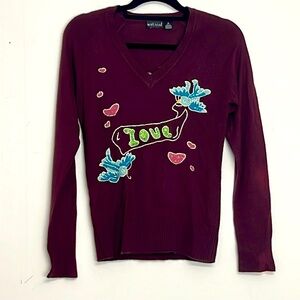 ⭐️ Wet Seal maroon long sleeve v-neck birds hearts Love acrylic sweater M